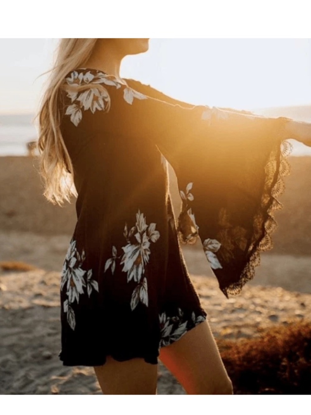 Free People Black Floral Bell-Sleeve Mini Dress medium